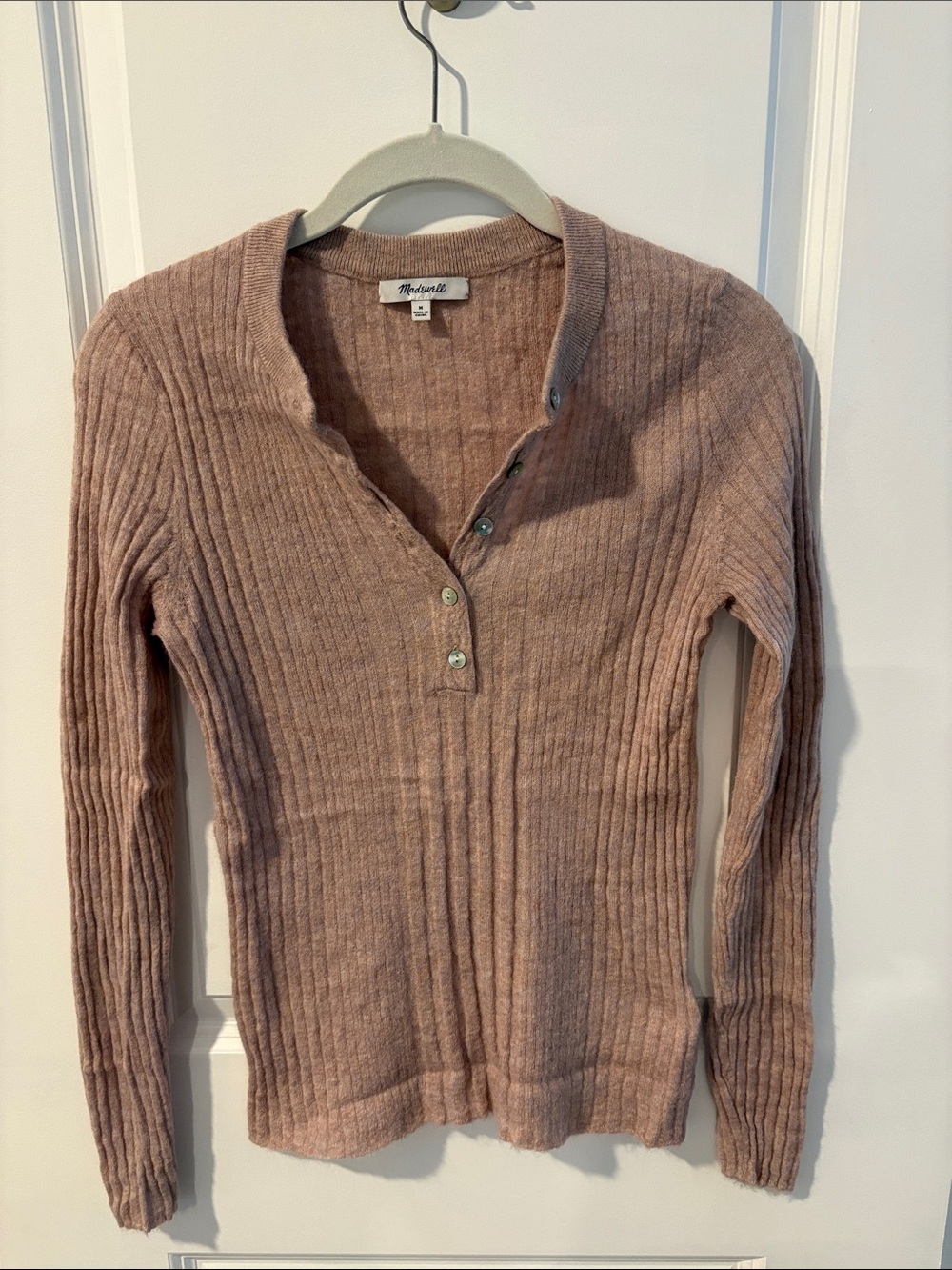 Madewell Oatmeal Heather Ribbed V-Neck Henley Sweater